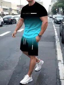 Men's Gradient Letter Signature 3D Print Hoodie & Beach Shorts Set, Matching Casual Round Neck Short Sleeve T-Shirt, Knee Length Couple