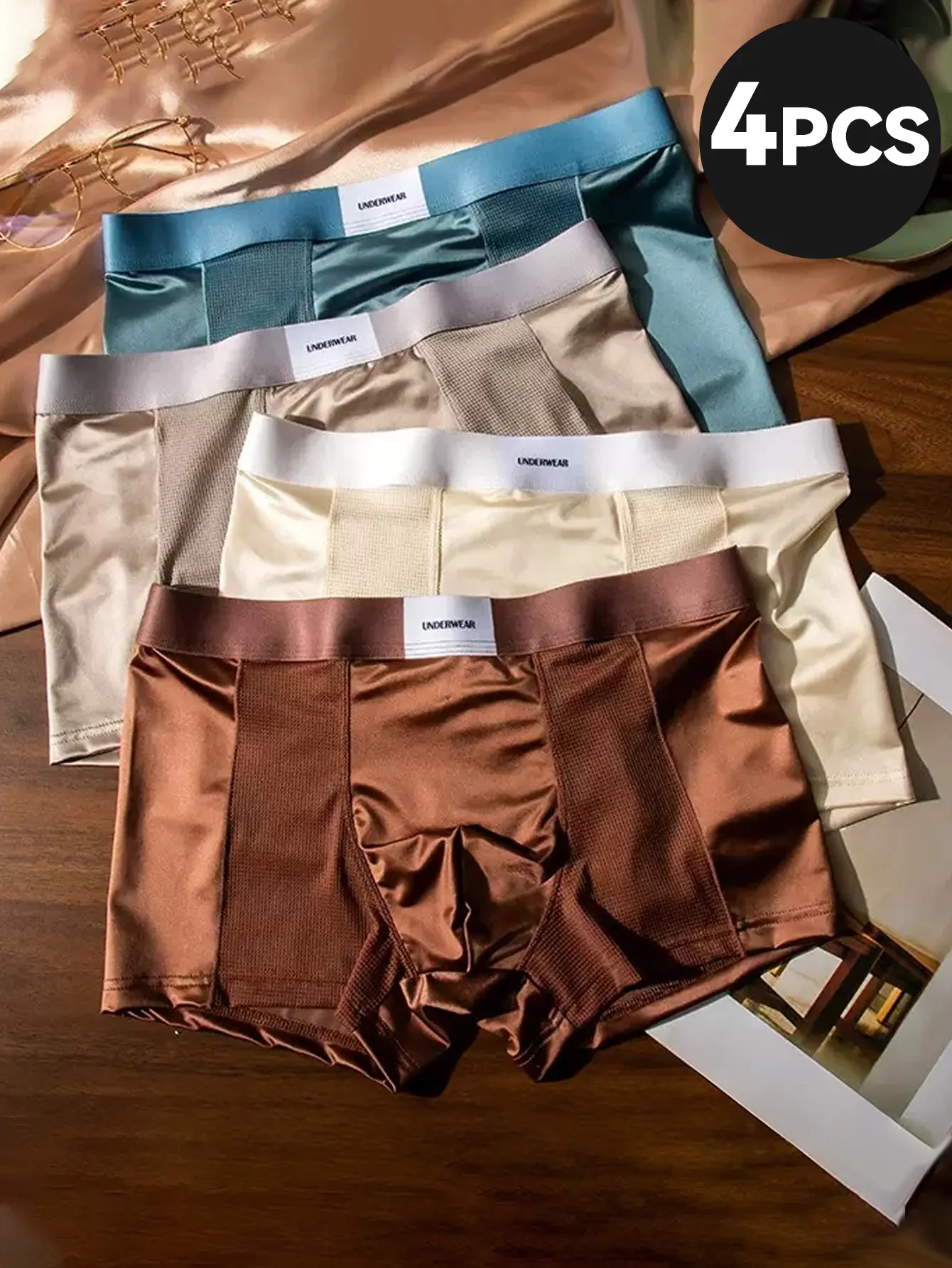  4PCS Luxury Satin Ice Silk Men Underwear Breathable Seamless Boxer Shorts
