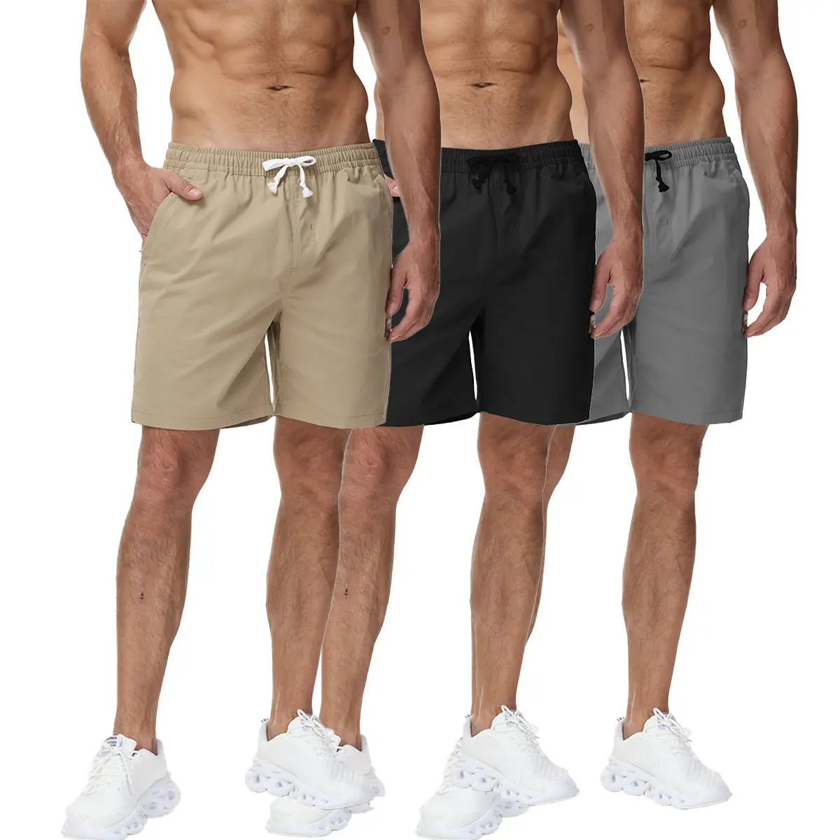 3 PACK Men's Casual 7" Twill Shorts with Drawstring & Zipper Pockets - Mid Waist Stretch Fabric for Summer Beach & Golf - Machine Washable Durable Breathable 100% Polyester Twill Relaxed Beige Cargo #FathersDayGift#Summervibes