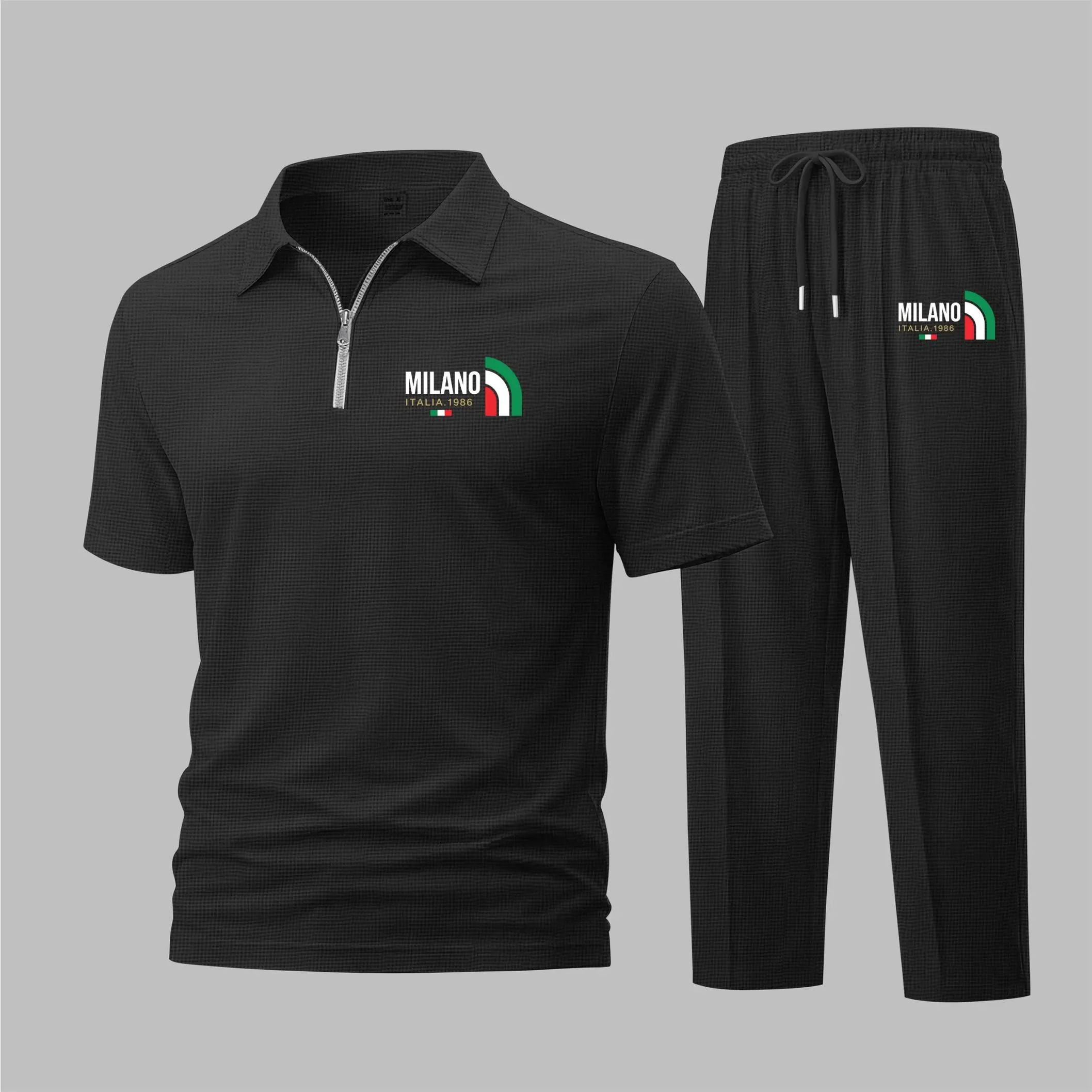 Men's MILANO Letter Print Half-Zip Polo Shirt And Drawstring Pants Set For Spring/Summer, Casual Short-Sleeved Top And Long Pants Two-Piece Outfit For Daily Wear, Sports, Travel And Relaxed Lifestyle