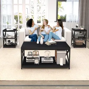 Modern 3-Piece Coffee Table Set - 1 Main Table + 2 Matching Side Tables, Steel Frame with Particle Board Top, Perfect for Living Room or Bedroom furniture