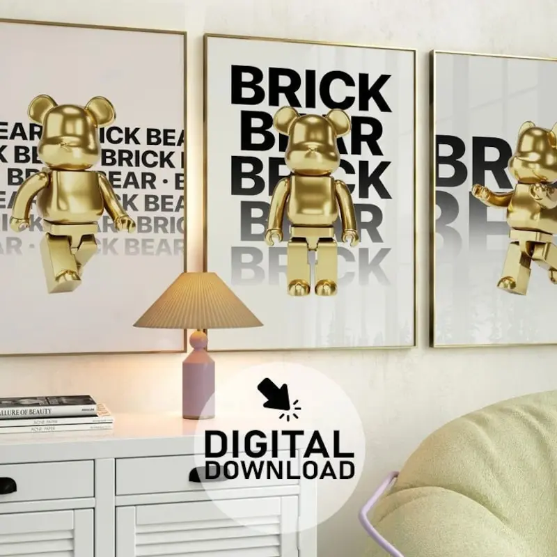 Golden Brick Kaws Poster Set of 3, Figure Printable Wall Art, Hyper gift idea,