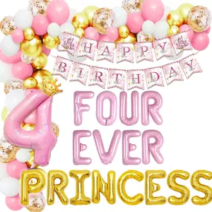LaVenty Four Ever a Princess Birthday Decorations Pink Gold Princess Castles Balloon Garland Crown Number 4 Foil Balloons Banner for 4 Years Old Birthday Party Decor Supplies outdoorfun
