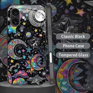 Trippy Psychedelic Cosmic Moon & Stars Vibrant Pattern White Light Tempered Glass Protective Case for [iPhone & Samsung] - Glossy High-Definition Cover 952