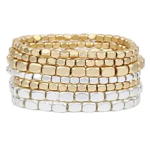 Two Tone Color Stacking Statement Stretch Bracelet Set of 7 (Two Toned-Gold Silver) Fashion Jewelry Accessories Modern Fashion Accessories