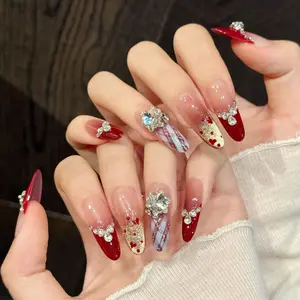 Luxury Red Gradient Press On Nails Almond Shape | Plaid & Heart Design with Shiny Rhinestones | Glossy Fake Nails for Party & Daily Wear