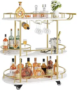 Bar Carts Gold with 4-Tiers Storage Shelves，Mobile Bar Seving Cart On Wheels with Wine Rack and Glass Holder for Kitchen, Living Room, Dining Room Installation Organiser Water Proof