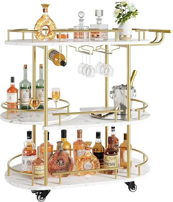 Bar Carts Gold with 4-Tiers Storage Shelves，Mobile Bar Seving Cart On Wheels with Wine Rack and Glass Holder for Kitchen, Living Room, Dining Room Installation Organiser Water Proof