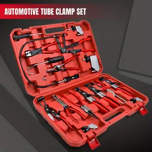 16-Piece Hose Clamp Pliers Tool Set | Steel Hose Clamp Removal and Installation Kit for Automotive Coolant Radiators, Heaters, Water Pipes, and Fuel Lines, Includes 2 Electrical Disconnect Pliers, Suitable for Marine Maintenance, Red, No Battery Included