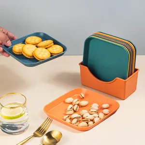 Random Color Plastic Plate with Holder Set, 5 Counts Square Bone Dish & 1 Count Stand, Snack Plate, Kitchen Tableware, Dining Plate Set, Dinnerware