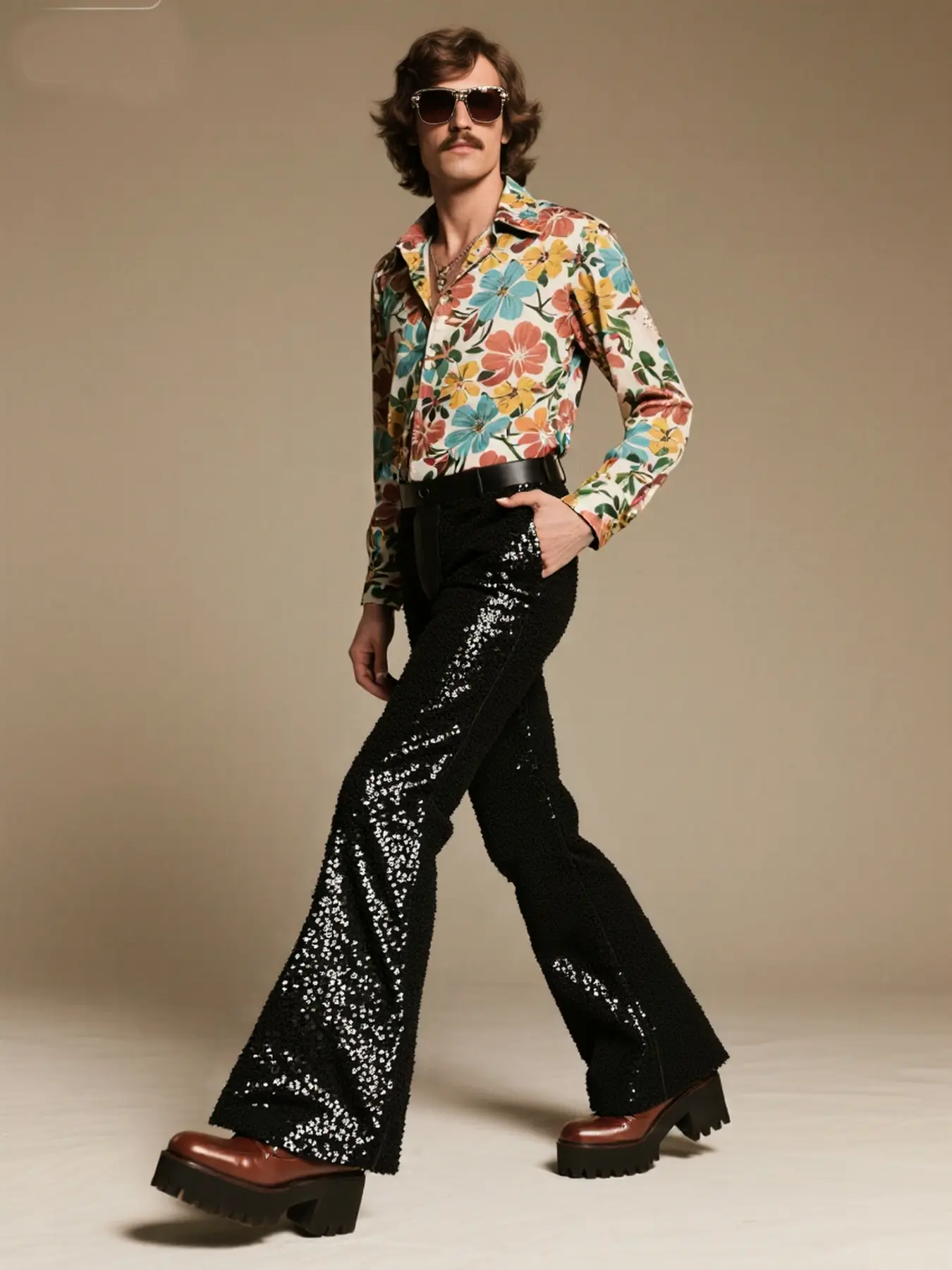 Men's Vintage Flare Pants, Sequin Trousers, 80s Nostalgic Wide Leg Long Pants, Retro Style, Casual Fashion
