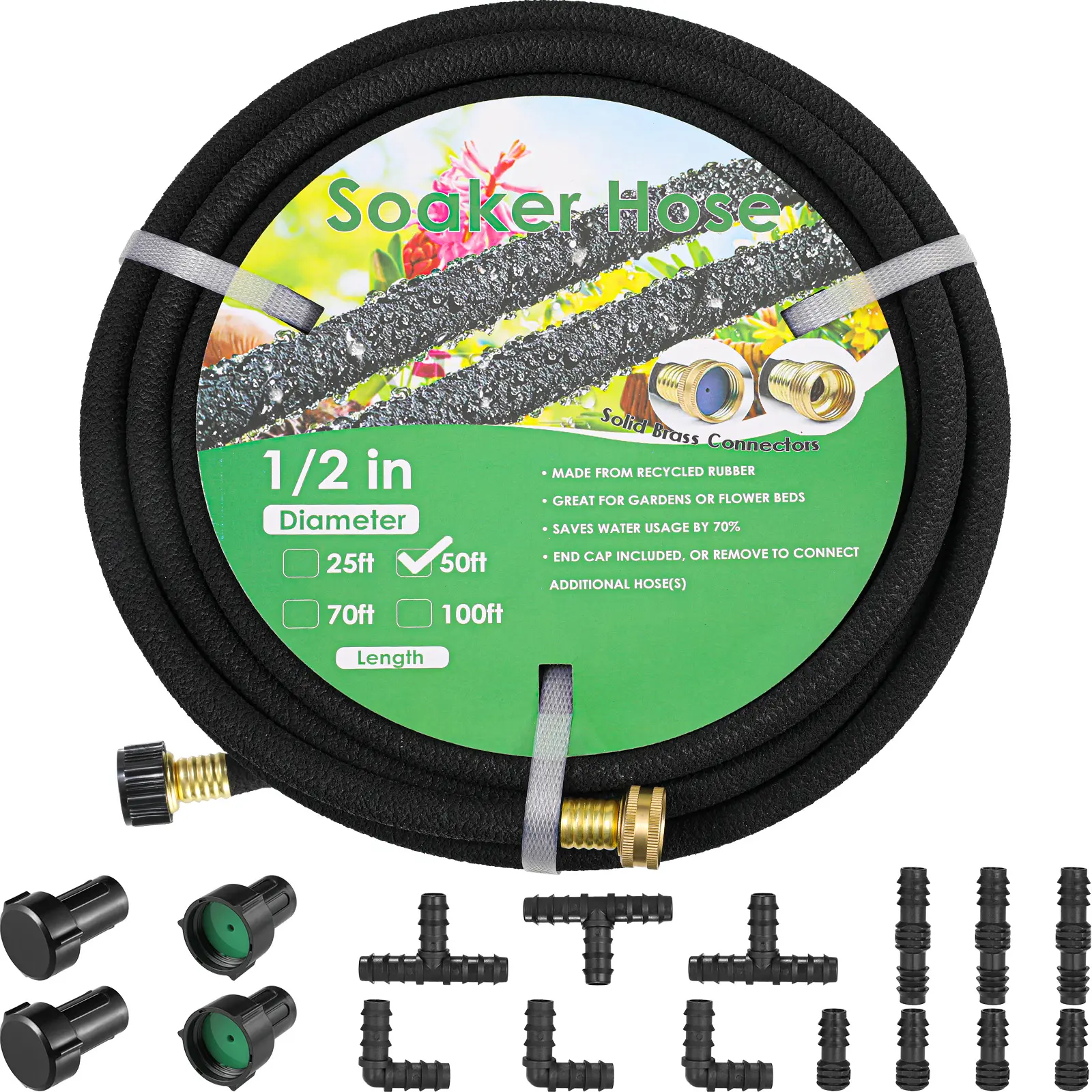 TLGREEN Soaker Hose Kit 50/100/150 ft 1/2", Solid Brass Connectors Rubber Longer Lasting, Heavy Duty Drip Hose to Save 70% Water,    Soaker Hose for Garden, Lawn, Yard, Flower Beds, Vegetable Garden & Landscaping ,Durable Garden Hose, Portable Garden Hose