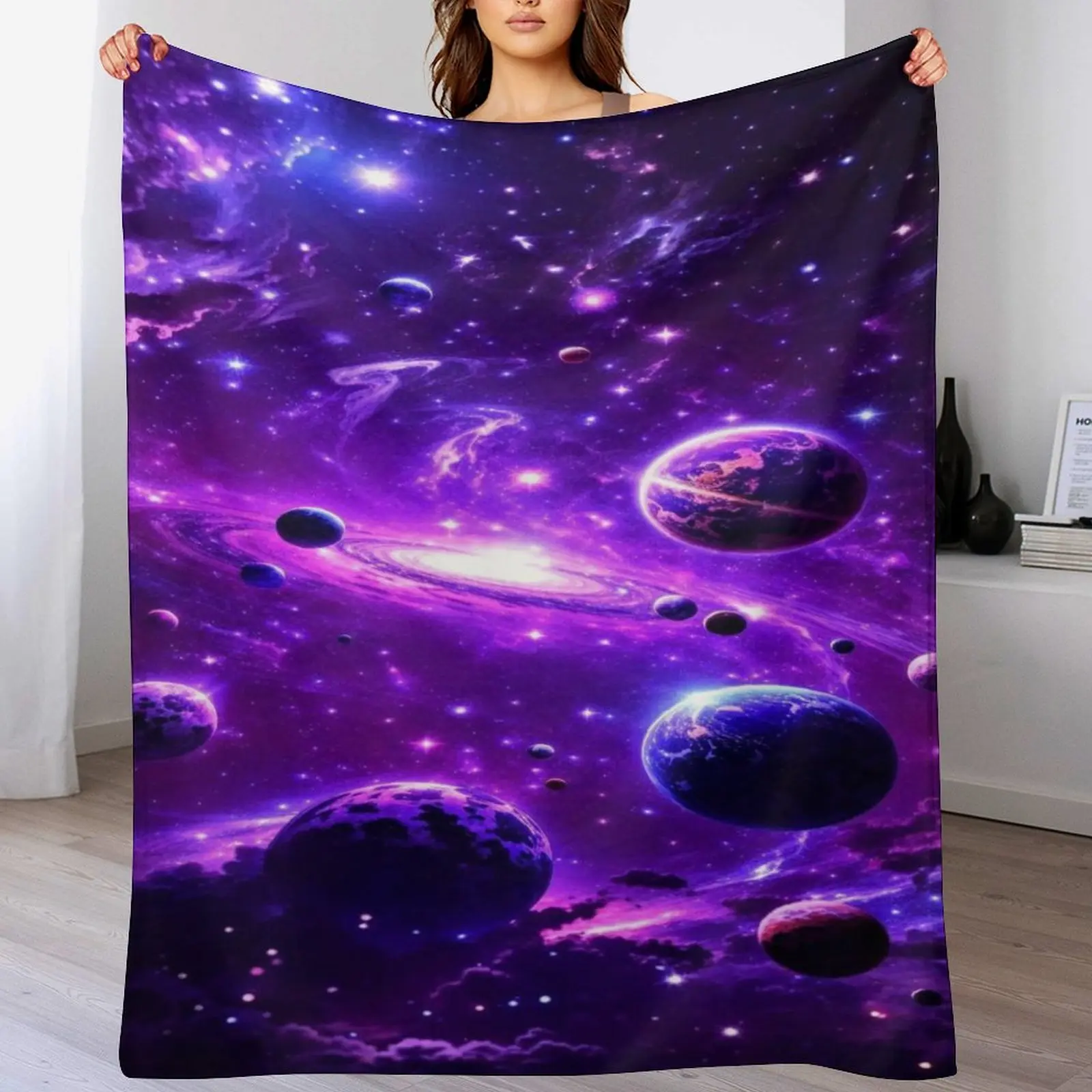 Purple Galaxy Space Blanket, Cosmic Nebula Planets Throw Blanket, Starry Night Universe Cozy Fleece Blanket, Outer Space Home Decor, Galaxy Lover Bedding