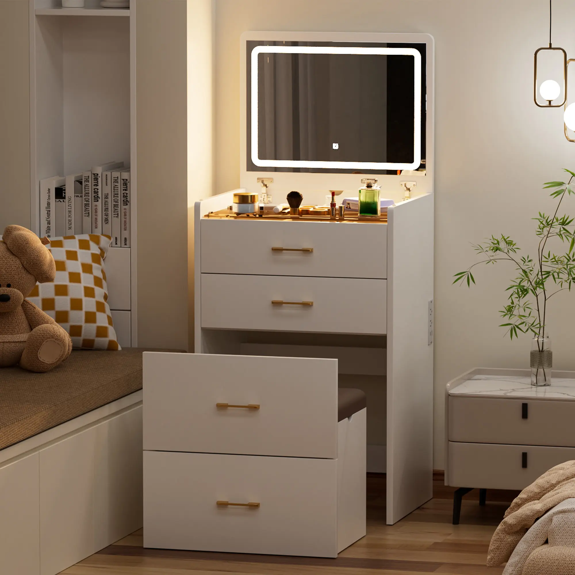 Makeup Vanity Set - 23.6in Wide 3-in-1 Stable Bamboo Vanity Desk with Flip-Top Lighted Glass Desktop, LED Light, Power Outlet, 3 Drawers, Ergonomic Hidden Tall Bottle Storage & Upholstered Stool