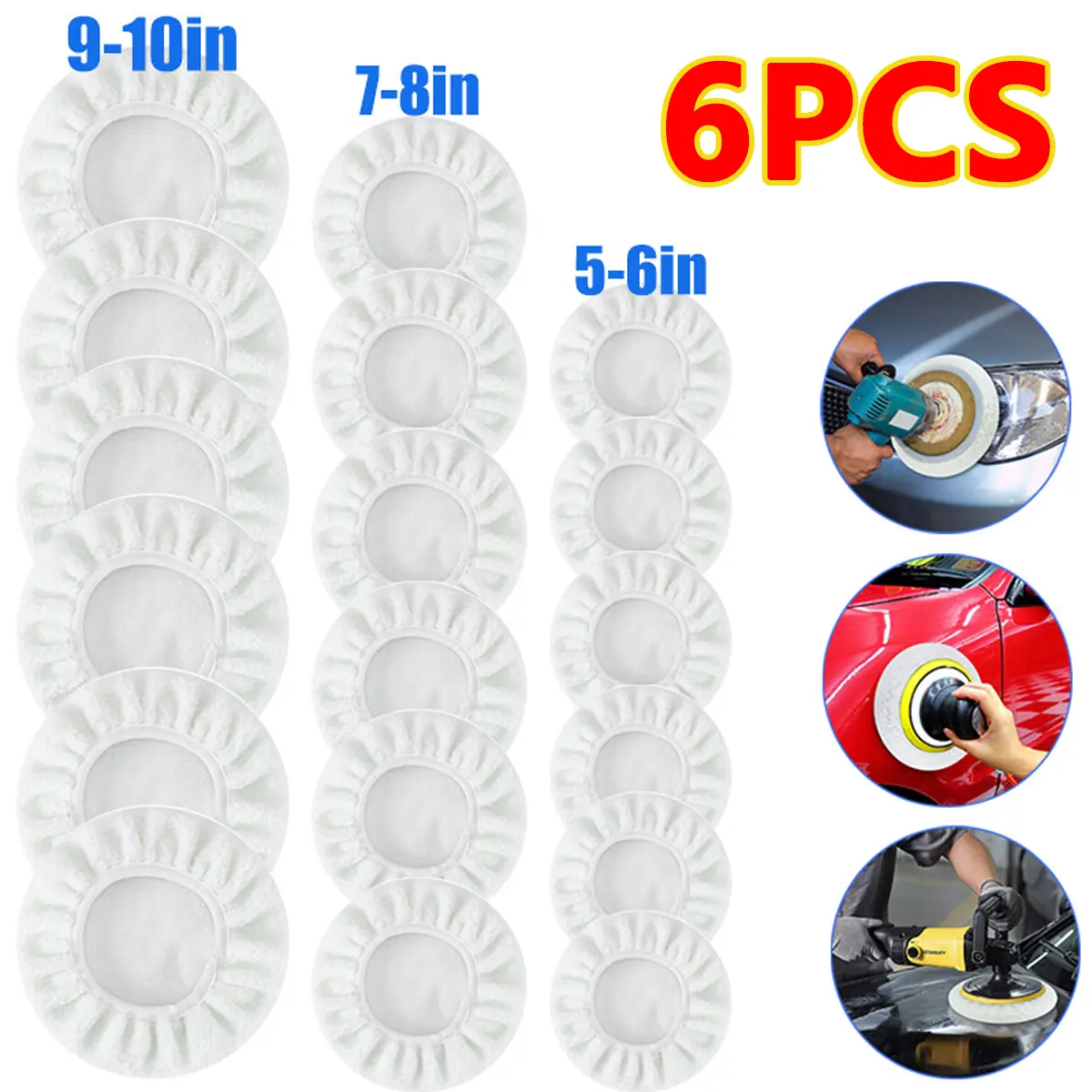 6Pcs Polishing Bonnet Buffer Pads For 5-6" 7-8" 9-10'' Car Polisher Soft Wool sohochic