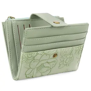 Vintage Embossed Floral Compact Wallet with Clasp and Zipper, PU Leather Wallet