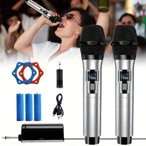 Wireless Dual Handheld Microphone System with Plug, Adapter, Cable, Receiver, Rechargeable Design, Metallic Finish for Home KTV, Outdoor Singing Performances