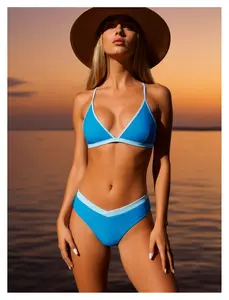 Neon Blue Bikini Set for Women - Triangle Top with Contrast Trim, High Cut Two Piece Swimsuit for Beach, Pool, Summer Vacation, Adjustable Straps