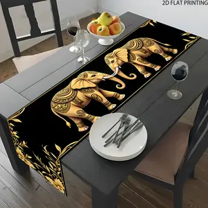 2D flat printing, displaying a symmetrical rectangular table flag, Table runner, with two elephants, suitable for dining tables, coffee tables, home party decorations, cultural decorations in kitchens, parties, and festivals