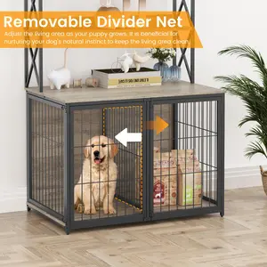 【GARVEE】42.5 Inch Dog Crate Furniture with Shelves Storage,Dog Kennel with Divider,Wooden Dog Crate End Table with Flip Top,Large Dog Cage for Indoor,3 Doors Pet Crate Furniture,Grey