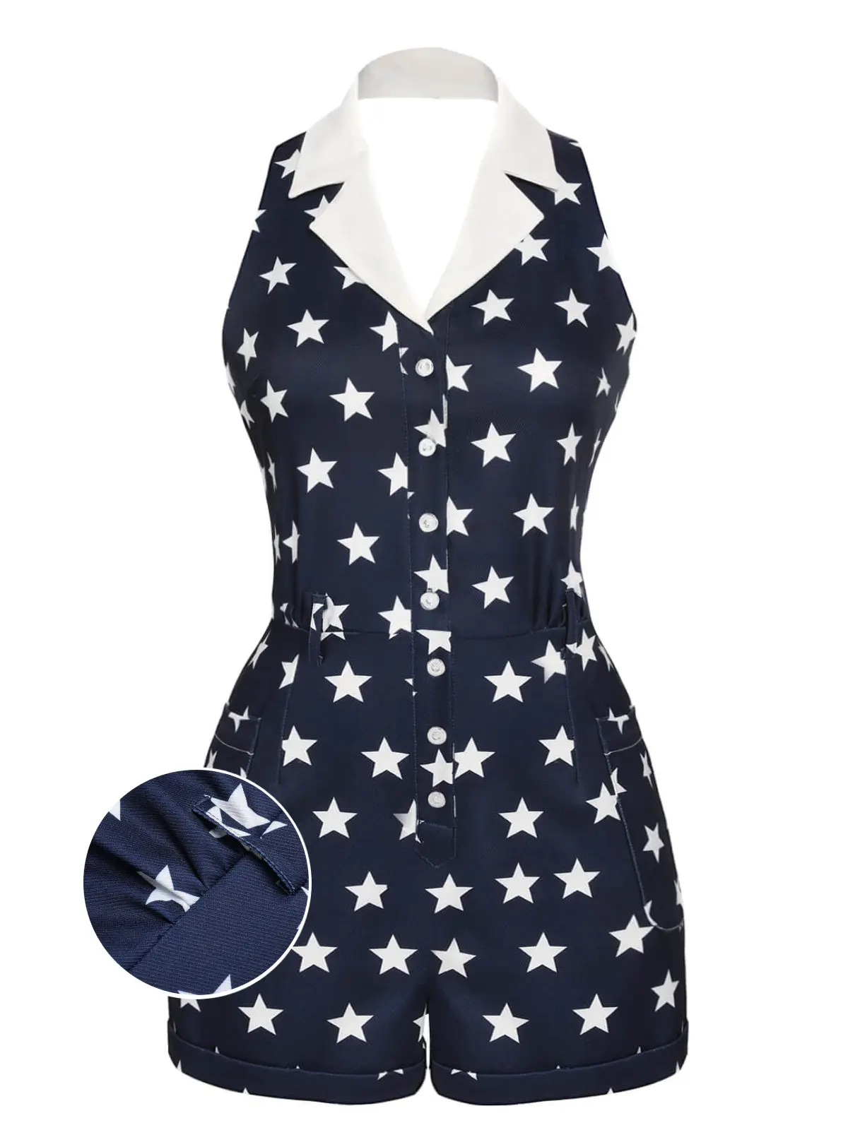 Navy Blue 1950s Stars Lapel Vintage Romper 4th of july outfits