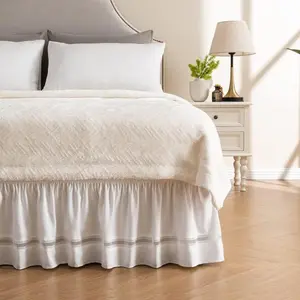 MIYE Wrap Around Ruffled Lace Bed Skirt, Elastic Dust Ruffle with Belts, Easy to Put On, Bed Frame Cover, Machine Washable (Ruffled Lace/White, King/Queen-12.5" Drop)