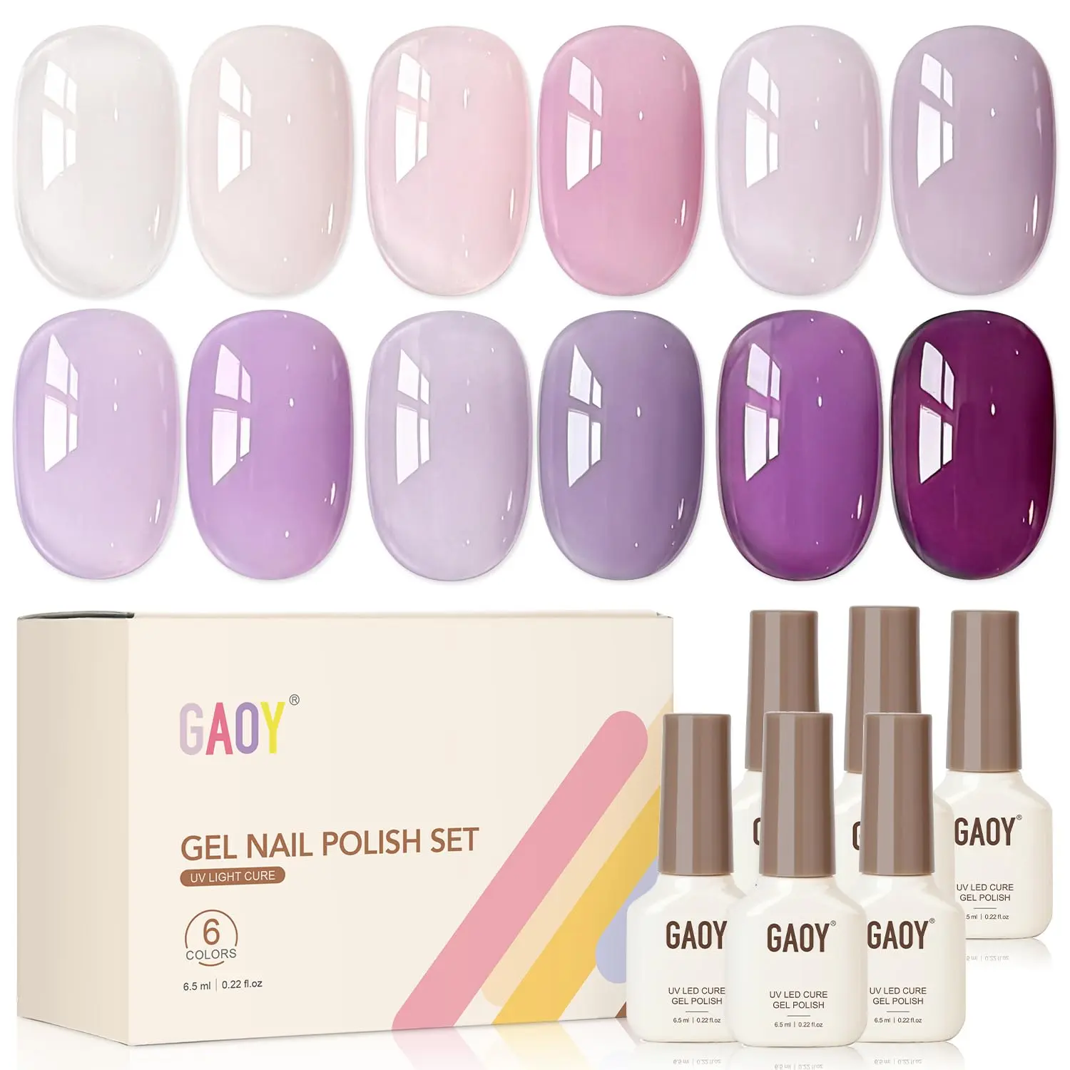GAOY Jelly Purple Gel Nail Polish Set, 6 Sheer Colors, UV Gel, Purple Grape | 6 Transparent Colors Gel Nail Polish Kit: Jelly Pink, Lavender & Lilac, UV/LED Cure Required, Easy DIY Manicure at Home