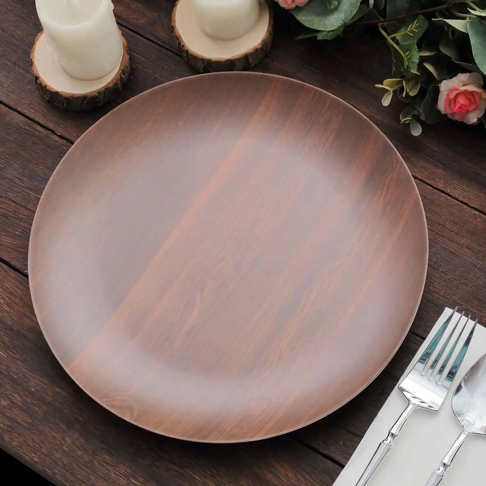 6-Pack 10" Melamine Round Dinner Plates, Brown Wood Grain Print - Heavy Duty Shatterproof Disposable Plates for Rustic Farmhouse Events, Campfire/BBQ Parties, Heavy Duty Disposable Plates, Campfire / Bbq Party