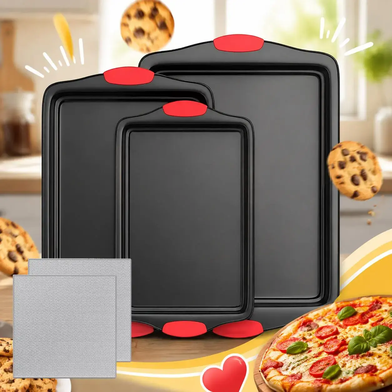 Complete Baking Set: Includes 3 stackable, non-stick carbon steel baking pans in various sizes (featuring red heat-resistant silicone handles) and 2 stainless steel cleaning cloths; suitable for baking cakes, cookies, and bread.
