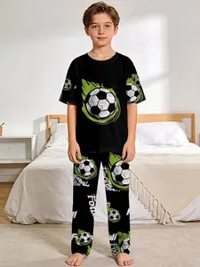 Flame Soccer Sport Color 2-Piece Boys' Digital Print Short-Sleeve Pajamas with Long Pants, Flame-Retardant Fabric. Stylish, trendy, casual, comfortable and soft pajama set, suitable for sleeping and home leisure. 100% polyester, suitable for boys' home we
