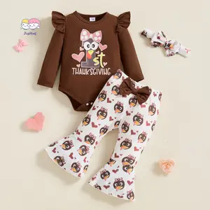 Baby Girl Thanksgiving Outfit, Turkey Print Long Sleeve Romper Flare Pants Bow Headband 3 Piece Set for Fall