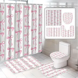Bowknot Shower Curtain Set, Elegant Bathroom Decor, Bathroom Accessory, Includes Bath Mat, Toilet Lid Cover, U-Shaped Tray, Perfect Gift Idea