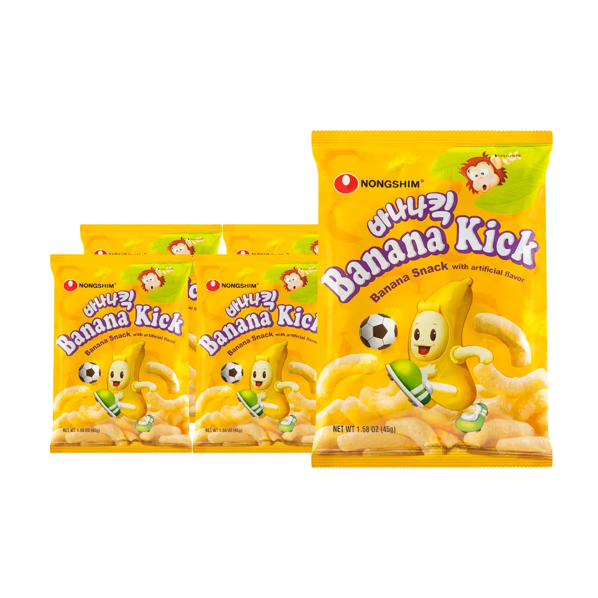 5 Pack NONGSHIM Banana Kick Corn Puffs 1.58 oz - Korean Snack Crispy Chips