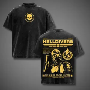 Helldivers 2 Vintage Washed T-shirt Galactic War Soldier Graphic Tee Military Propaganda Style Streetwear Oversized Cotton Unisex Crewneck