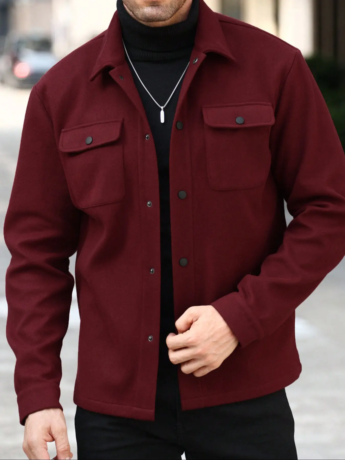 Men's Simple Plain Fitted Woolen Long Sleeve Jacket Coat, Casual Collared Coats, Classic Fitted Jacket, Menswear Fashion Casual Design, Suitable for Work or Outing, Lightweight Outerwear, Enhance Your Wardrobe Taste