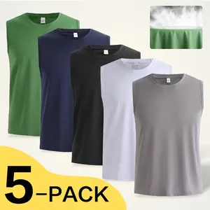 OKP 5 Pack Men's Plain Round Neck Sports Vest, Spring And Summer Quick-drying Breathable, Indoor And Outdoor Running Tank Tops Athleisure Casual Workout Apparel