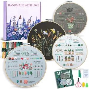 Embroidery Kit for Beginners, 4 Floral Patterns, Learn 33 Stitches, Pre-Printed Fabric, 7.8-Inch Hoop, Colored Threads and , Easy Video Guide, DIY Hand Sewing  for Adults and Teens
