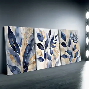 3-Piece Abstract Leaf Triple Panels Wall Art - Waterproof Glossy Blue Gold-Blue Watercolor Prints, Wooden Framed Flat Effect, Indoor Home Decor for Living Room, Kitchen, Artistic Leaf Floral Print