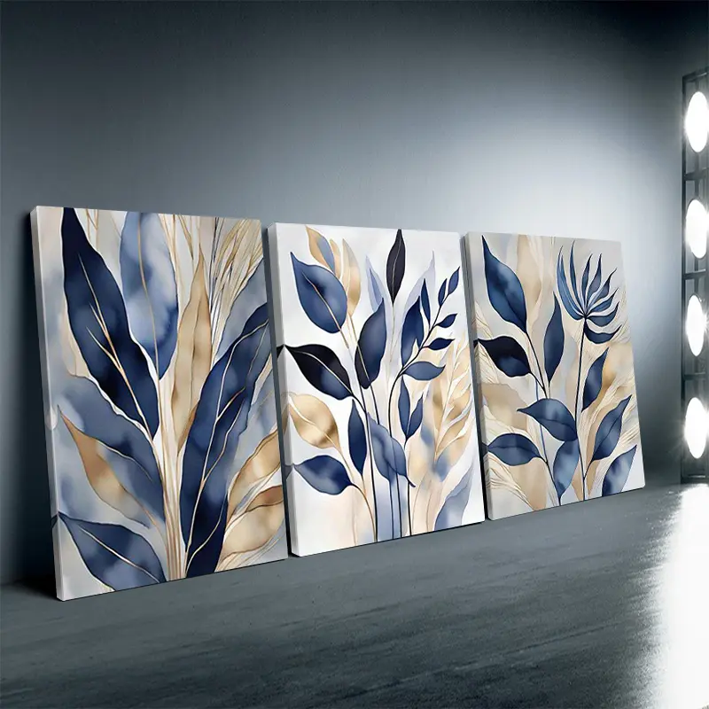 Trend 3-Piece Abstract Pattern Print Wall Art Set - Waterproof Glossy Blue Gold Watercolor Posters, Wooden Framed Flat Effect, Unframed Option, Living Room Home Decor for Back to School, Father's Day, Juneteenth, Military, 4Th Of July, Carnival