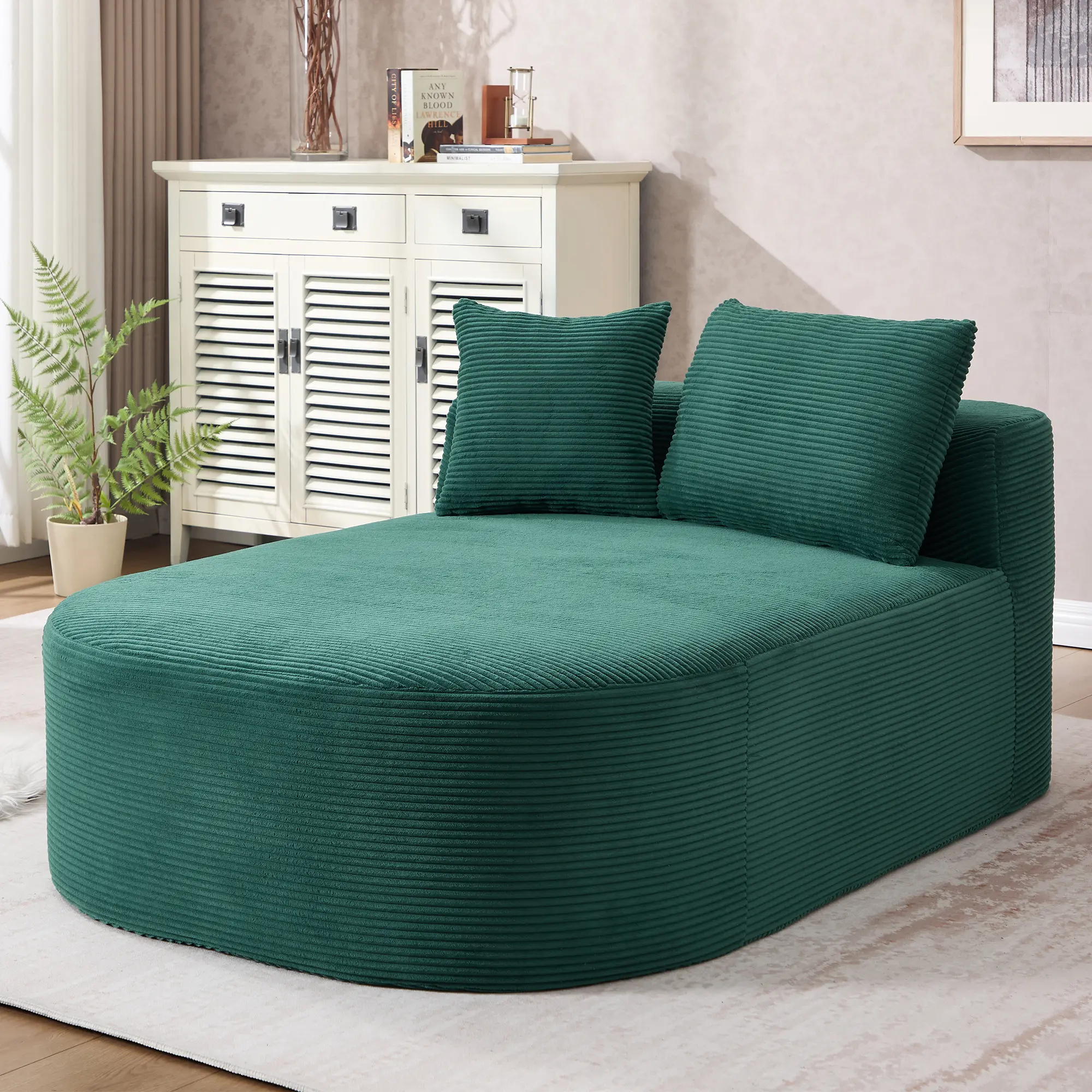 Oversized Convertible Chaise Lounge Sofa Bed with 46-Inch Wide Seat, Plush Green Corduroy, Two Pillows, Boneless Design, No Assembly