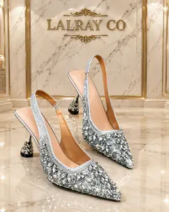 Women's Rhinestone Pearl Slingback Pumps Pointed Toe Kitten Heel Sparkly Crystal Embellished Low Heel Sandals Elegant Modest Dress Shoes For Bridal Wedding Guest Evening Party Prom Bling Fashion Footwear Star Diamond Silver Champagne Gold LALRAY & CO. tik