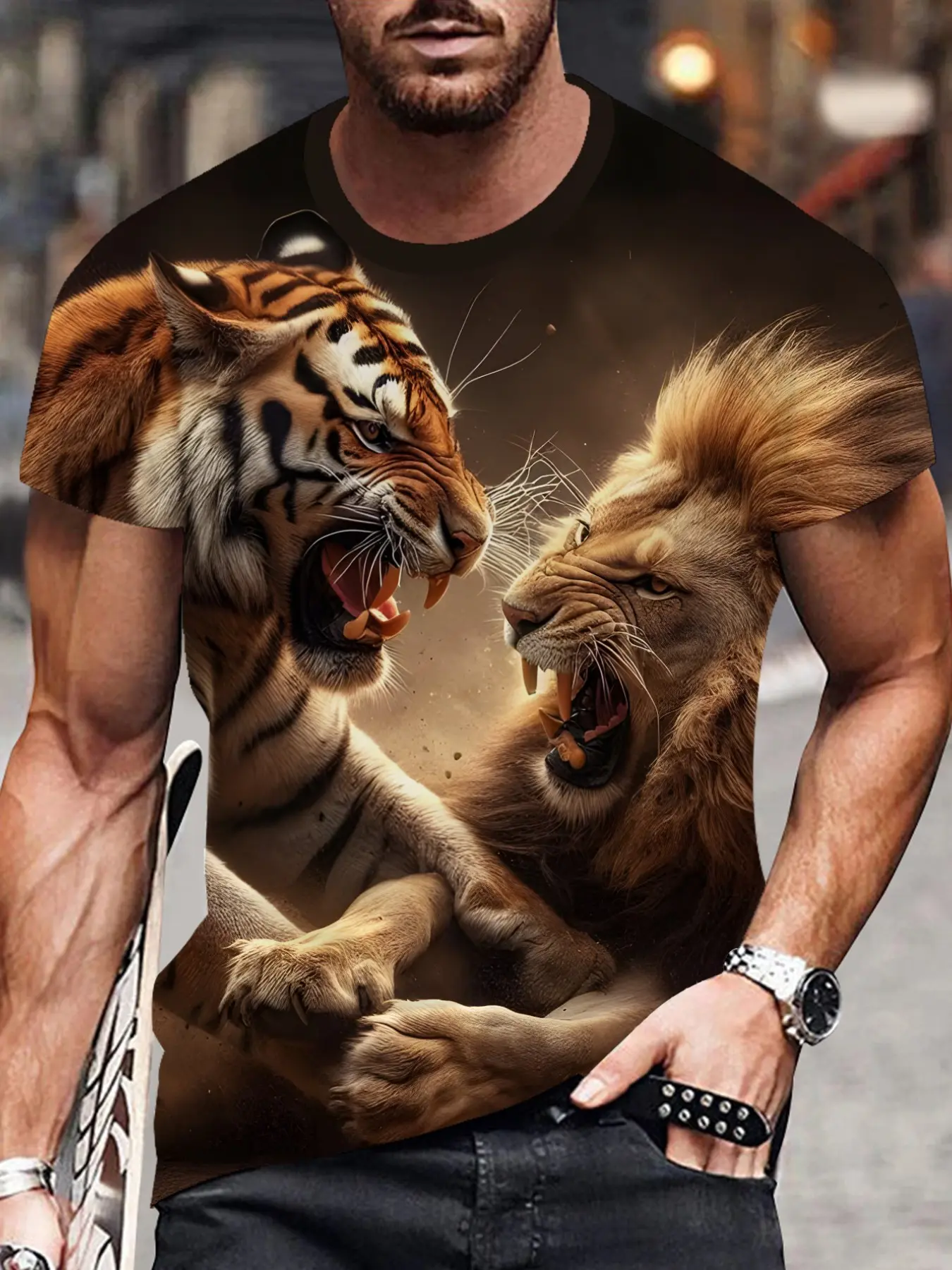 Men's 3D Tiger Lion Fight Print Short Sleeve T-Shirt, Fashionable Comfort Design, Perfect for Daily Wear, Ideal Gift Choice