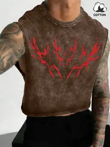 Men's Muscle Tank Top Thorn Totem Print, Vintage Washed Distressed Craftsmanship, Soft Cotton Loose Fit Short Workout Training Shirt