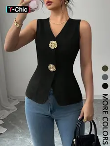 This Flower Button Vest Top is Aesthetic Elegant Office Chic Sleeveless Fitted Waist Blouse