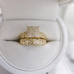 14K Gold Laminated Wedding Ring Set – Square CZ  Cluster, Elegant Bridal Set for Women