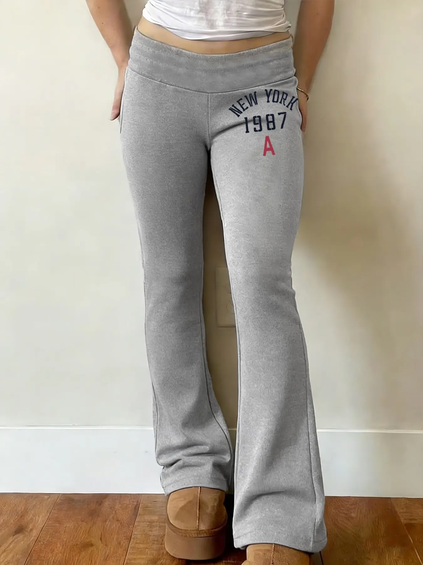 Women's slim-fit leggings, American retro 1987 style, letter print, loose base layer pants, casual fashion pants, Casual Wear Bottoms