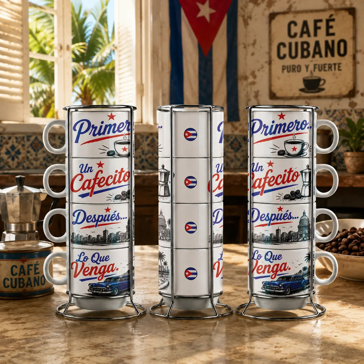 6 oz Ceramic Espresso Cup Set with Metal Rack – 4 Coffee Cups | Cuban-Inspired Design