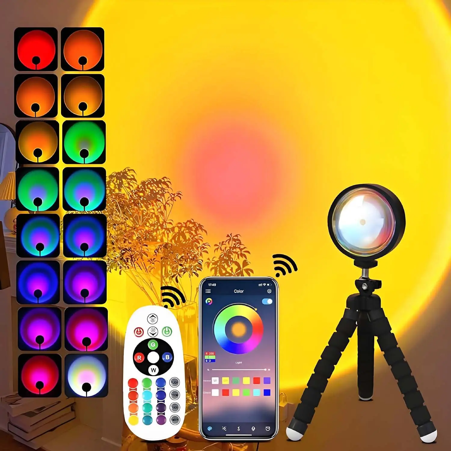 RGB LED Sunset Projection Lamp - Compact Plastic Ambient Glow Mood Light with Flexible Tripod, Wireless Remote, App Control, Dimmable Glow, USB Powered, RGB Setup, for TikTok Content Creation, Dorm Use, Sunset Lamp, Sunset Effect, Studio-Quality Lighting