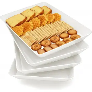 Serving Tray Platter, 4 Pack Food Tray for Veggie Fruit Snack Dessert Cookie Cheese, Food Trays for Party Supplies Display, Plastic Platters for Serving Food, Large White Trays,