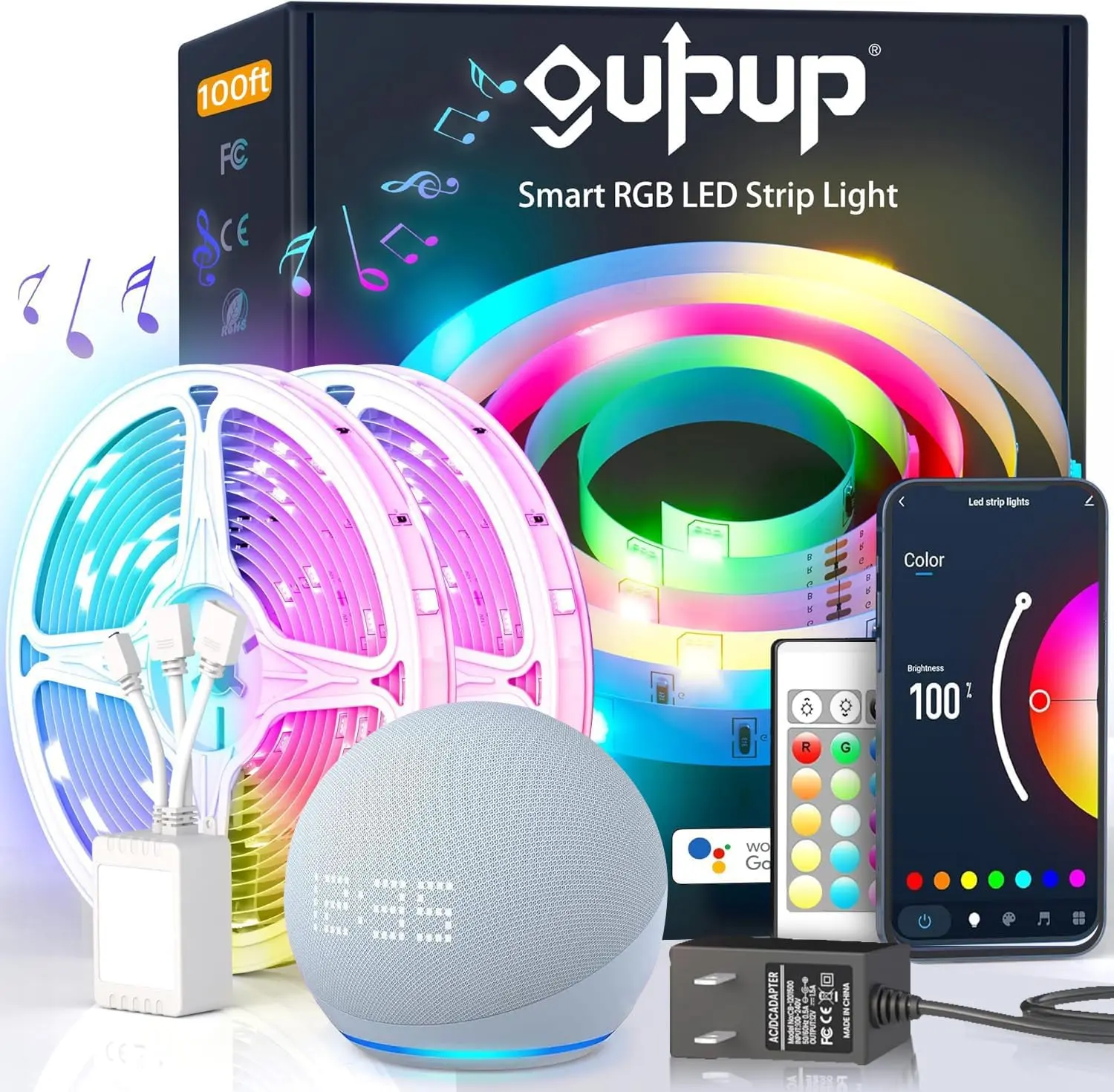 Smart WiFi Led Lights 100 ft, Compatible with Alexa and Google Assistant Devices, Voice Control, Music Sync Color Changing Strip Lighting, App&Remote Controlled Indoor Light for Bedroom, Party, Home Led Light Strip Decor, Light Up Your Space